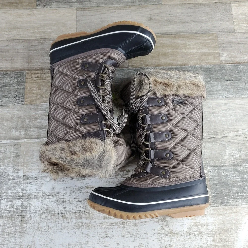 Bearpaw Mckinley Womens Tall Winter Duck Boots Sz 5 Brown Rubber Comfort Lace Up